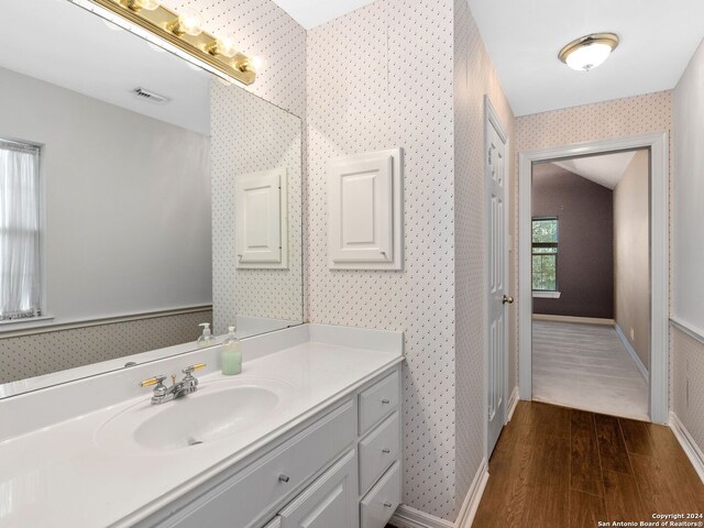 bathroom featuring hardwood / wood-style flooring and vanity