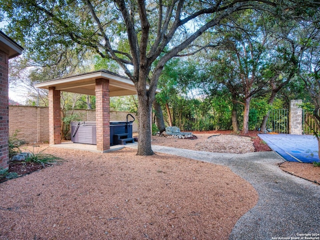 view of yard featuring a patio and a hot tub