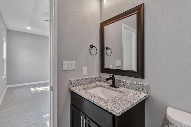 bathroom with vanity, wood-type flooring, and toilet