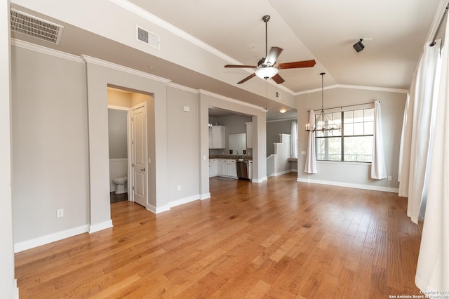 unfurnished living room featuring ceiling fan with notable chandelier, ornamental molding, lofted ceiling, and light wood-type flooring