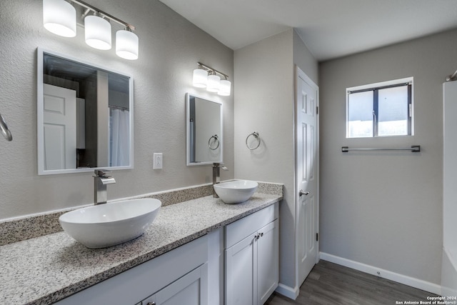 bathroom with wood-type flooring and vanity