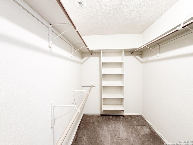 walk in closet with dark colored carpet