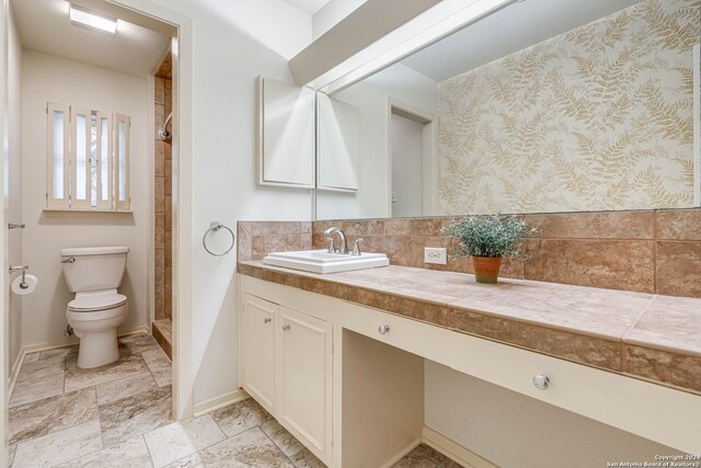 bathroom with a shower, vanity, and toilet