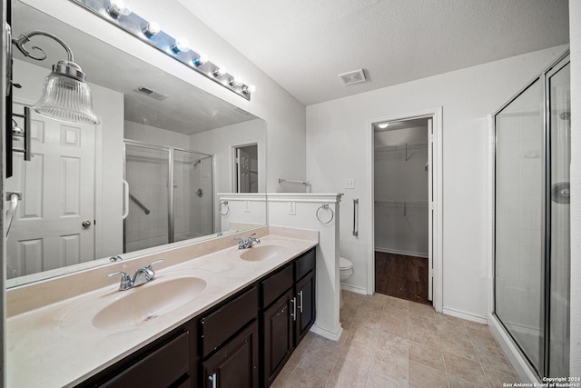 bathroom with vanity, a textured ceiling, toilet, and a shower with door