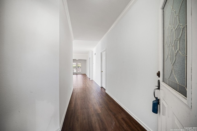 hallway with ornamental molding and dark wood-type flooring