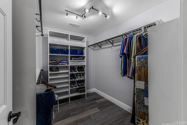 walk in closet with dark hardwood / wood-style flooring