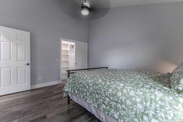 bedroom featuring a walk in closet, ceiling fan, a closet, and dark hardwood / wood-style floors