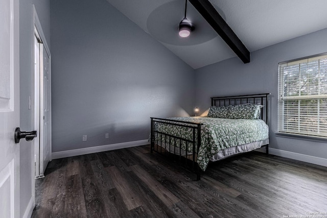 bedroom featuring vaulted ceiling with beams, a closet, ceiling fan, and dark wood-type flooring