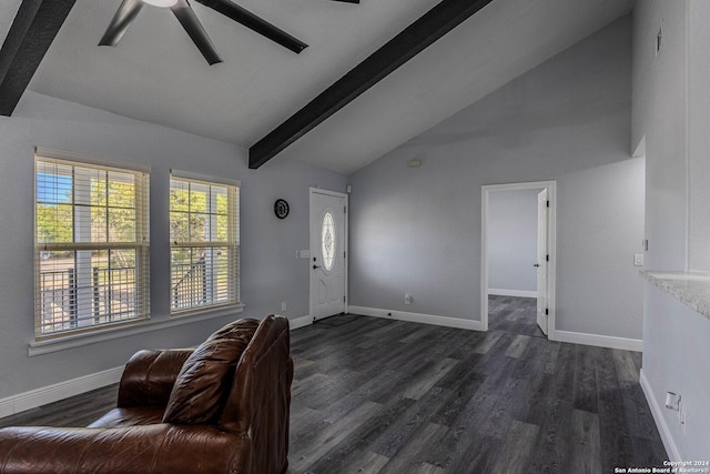 entrance foyer with vaulted ceiling with beams, dark hardwood / wood-style floors, and ceiling fan