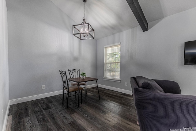 dining room with a notable chandelier, lofted ceiling with beams, and dark hardwood / wood-style floors