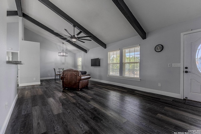 living room with vaulted ceiling with beams, dark wood-type flooring, and ceiling fan with notable chandelier