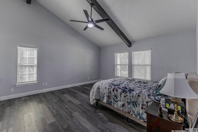 bedroom featuring vaulted ceiling with beams, multiple windows, dark wood-type flooring, and ceiling fan