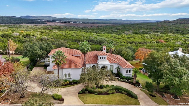 drone / aerial view with a mountain view and a wooded view