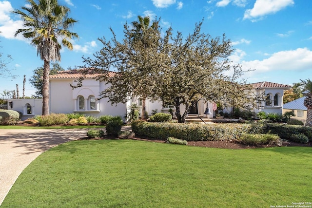 mediterranean / spanish-style home featuring driveway, a front lawn, a tile roof, and stucco siding