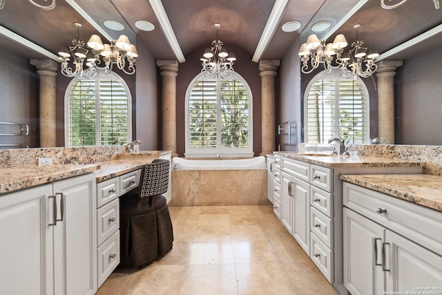 full bathroom with lofted ceiling, a wealth of natural light, a bath, and vanity