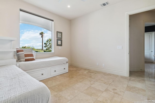 bedroom featuring baseboards, visible vents, and recessed lighting