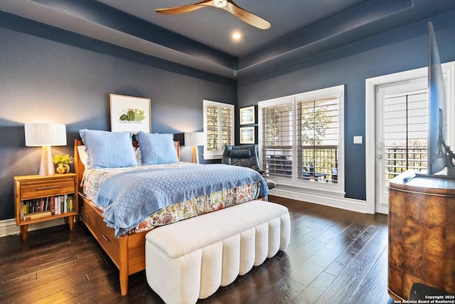 bedroom with access to outside, baseboards, dark wood finished floors, and a ceiling fan