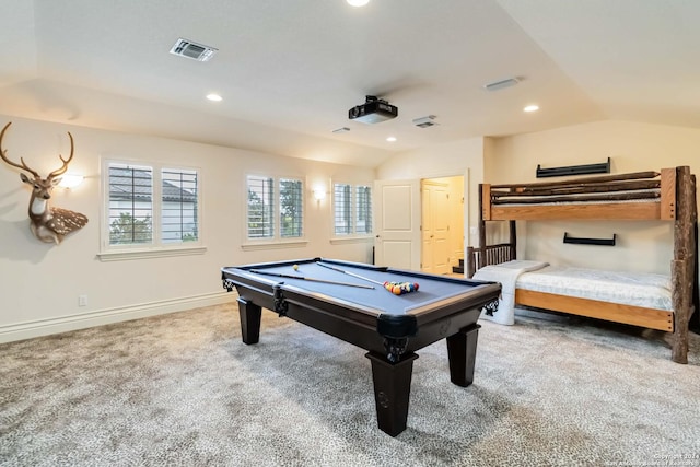 game room featuring carpet floors, visible vents, vaulted ceiling, and recessed lighting