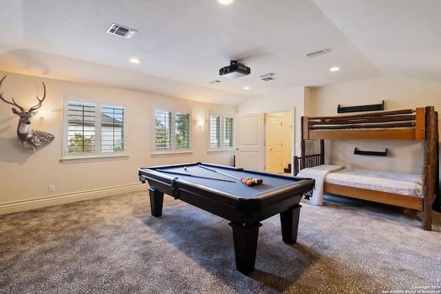 recreation room featuring lofted ceiling, pool table, carpet flooring, and recessed lighting