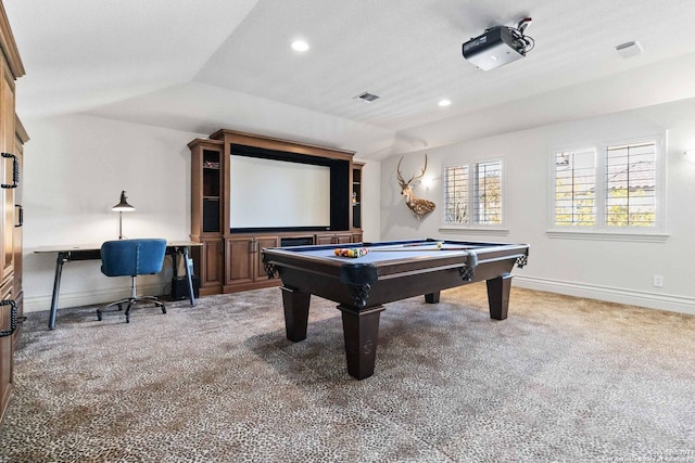 game room with carpet, lofted ceiling, recessed lighting, pool table, and baseboards