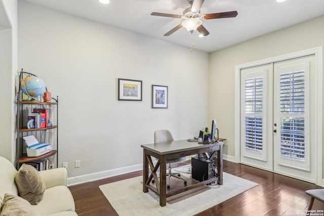 home office with ceiling fan and dark wood-type flooring