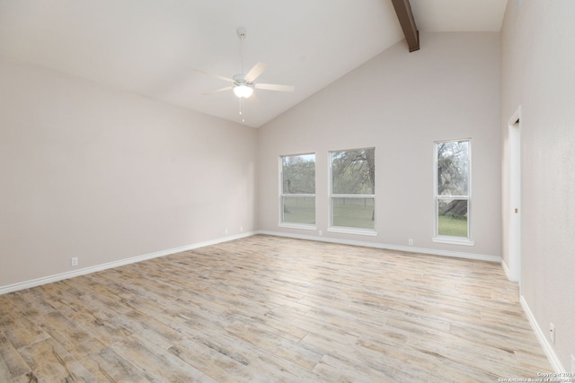 spare room featuring beam ceiling, ceiling fan, high vaulted ceiling, and light wood-type flooring