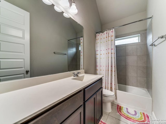 full bathroom with tile patterned flooring, lofted ceiling, toilet, shower / tub combo with curtain, and vanity