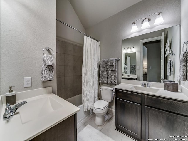 full bathroom featuring shower / bath combo, vanity, tile patterned flooring, toilet, and lofted ceiling