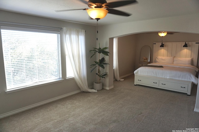 unfurnished bedroom featuring multiple windows, carpet floors, and ceiling fan