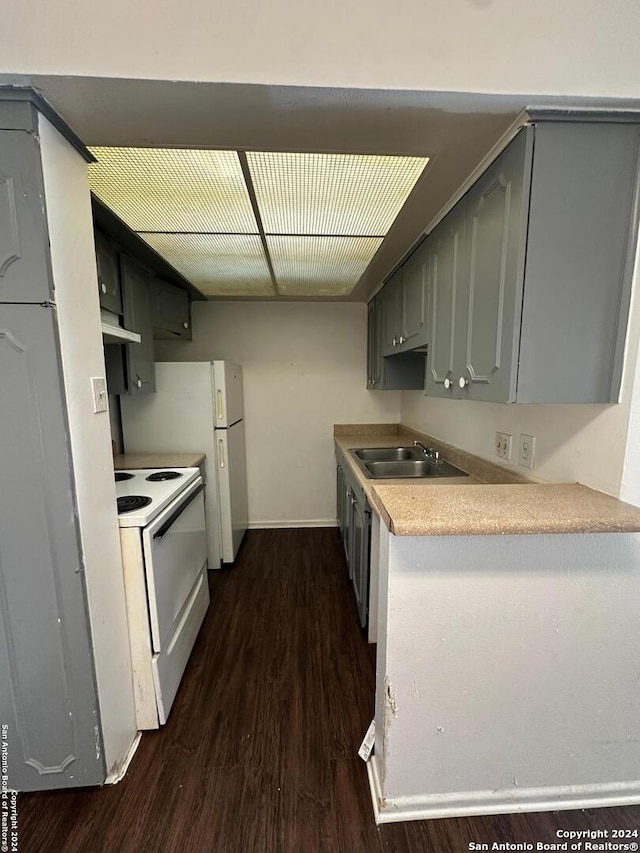 kitchen with dark hardwood / wood-style floors, white electric stove, and sink