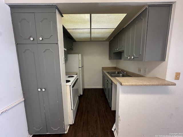 kitchen with white range with electric stovetop, gray cabinetry, sink, and dark hardwood / wood-style flooring