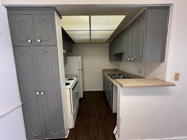 kitchen with gray cabinetry, sink, dark wood-type flooring, and white appliances