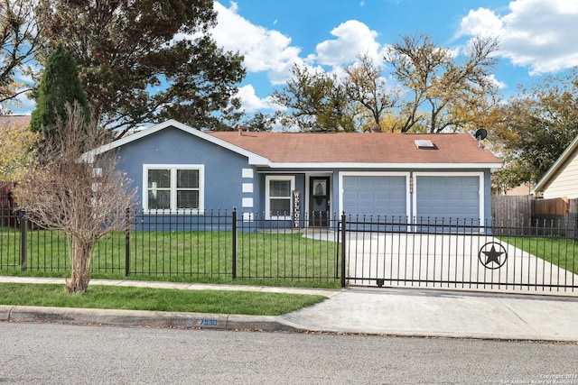 single story home featuring a front lawn and a garage