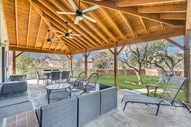 view of patio / terrace with a gazebo, ceiling fan, and an outdoor hangout area