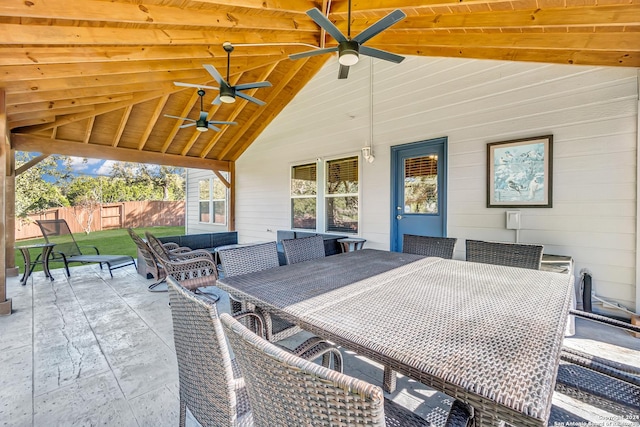 view of patio featuring ceiling fan