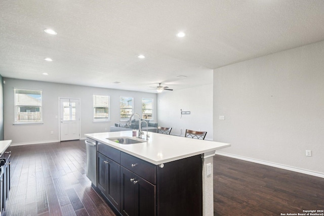 kitchen featuring ceiling fan, dishwasher, sink, dark wood-type flooring, and an island with sink