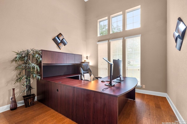 office space with a high ceiling and dark hardwood / wood-style flooring