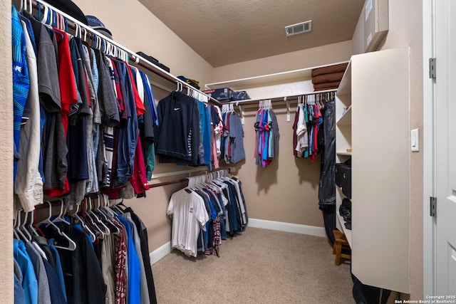 walk in closet featuring carpet flooring