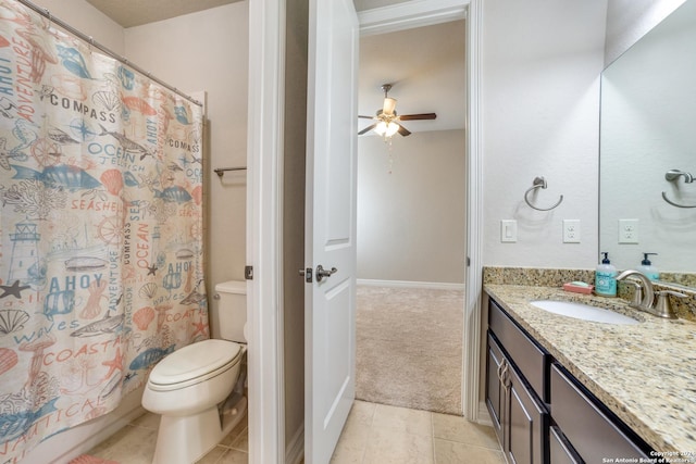 full bathroom with shower / bath combination with curtain, tile patterned floors, vanity, ceiling fan, and toilet