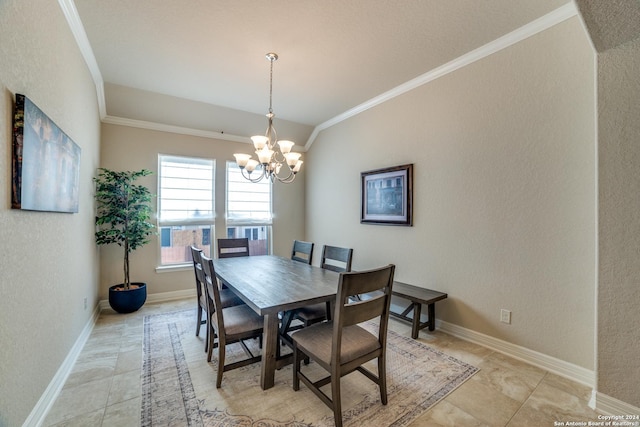 tiled dining area with crown molding and a chandelier