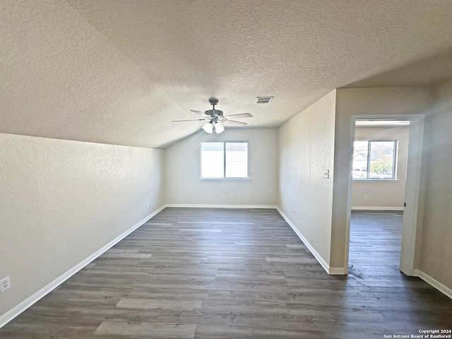 spare room featuring a textured ceiling, lofted ceiling, dark wood-type flooring, and a wealth of natural light