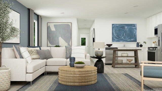 living room with light hardwood / wood-style flooring and sink