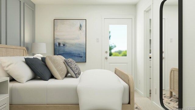 bedroom with light colored carpet