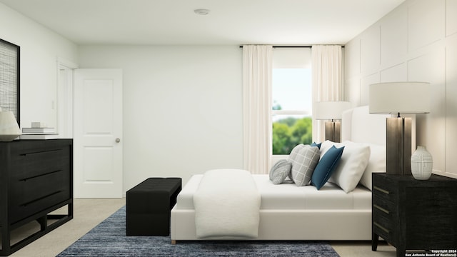 bedroom featuring light carpet