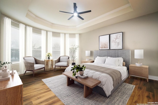 bedroom featuring a tray ceiling, multiple windows, and dark hardwood / wood-style flooring