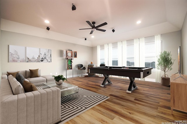 recreation room featuring hardwood / wood-style flooring, ceiling fan, and pool table