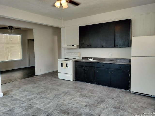 kitchen featuring ventilation hood, ceiling fan, white appliances, and sink