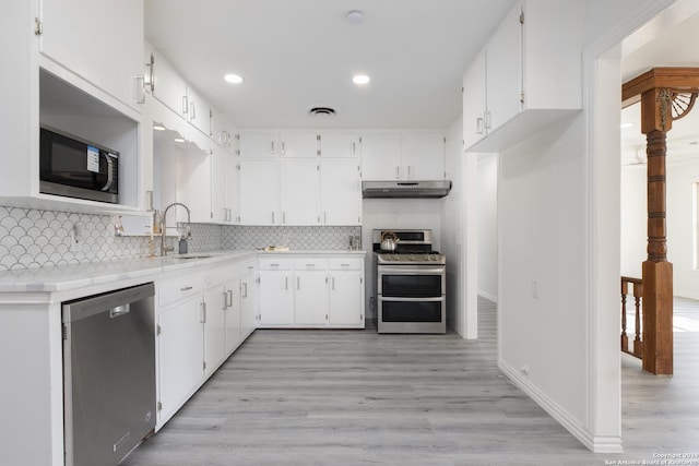 kitchen with sink, stainless steel appliances, backsplash, white cabinets, and light wood-type flooring