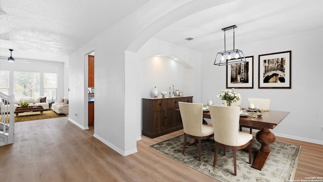 dining area with a textured ceiling, crown molding, light hardwood / wood-style flooring, and ceiling fan with notable chandelier