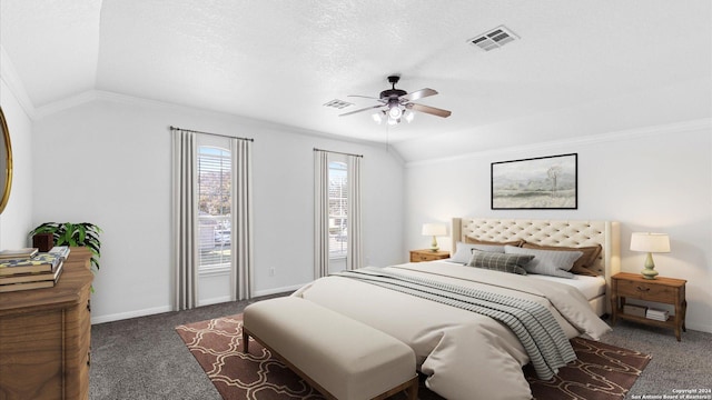 bedroom featuring a textured ceiling, ceiling fan, vaulted ceiling, and dark colored carpet